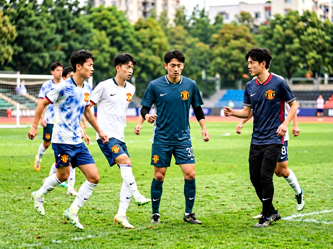 足球青训营，年轻球员在教练指导下训练